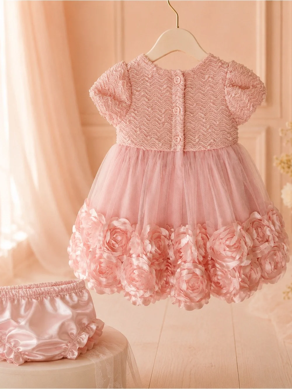Nannette Baby Girls 3-6M Pink Rosette Tulle Dress & Bloomers NWT